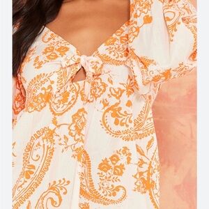 PrettyLittleThing orange paisley print tie front bardot shift dress women’s 16